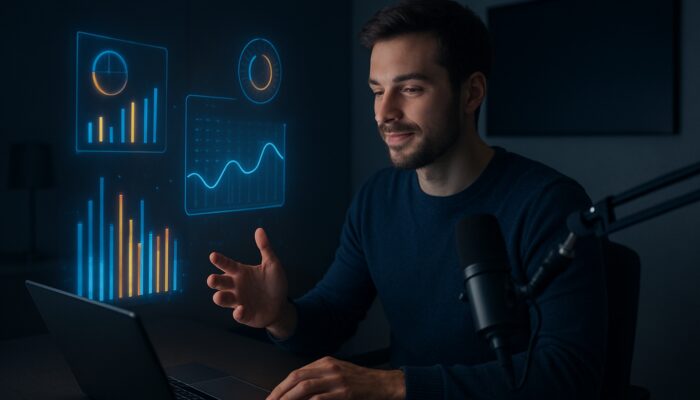 Content creator analyzing holographic dashboards showing view duration bars and interaction graphs in modern studio