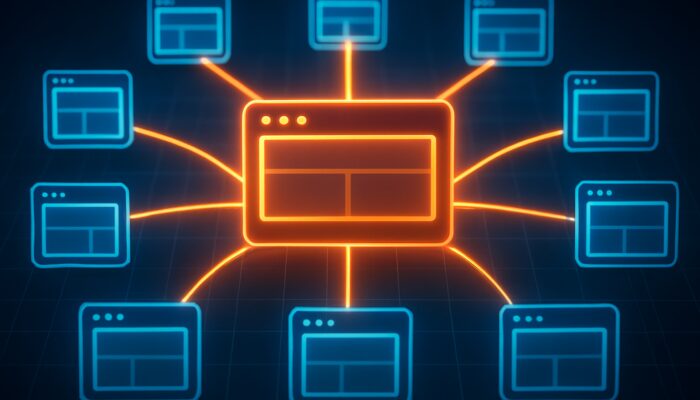 Vibrant diagram of website link structure connecting orphan pages to content hubs via glowing pathways.