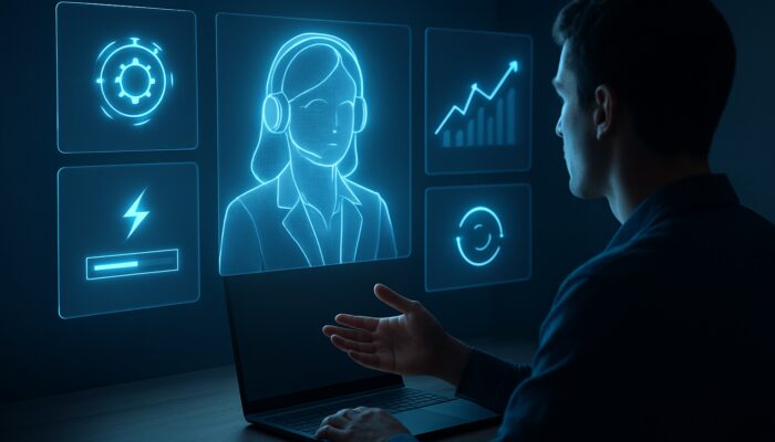 Sleek digital workspace with holographic vendor support video chat, SEO trend graphs, and software update icons.