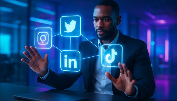 Strategist juggling holographic Instagram, Twitter, LinkedIn, TikTok icons in neon digital office