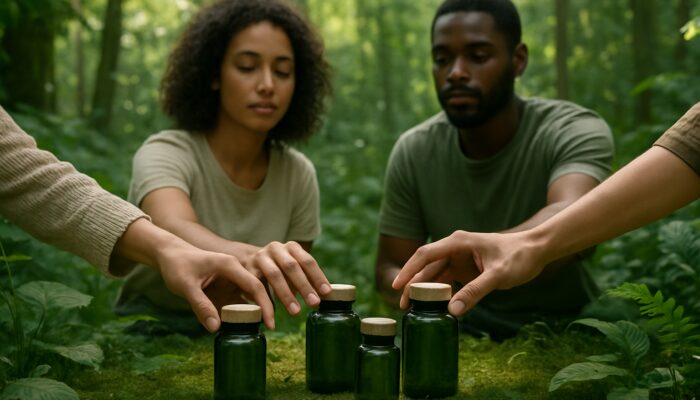 Diverse consumers reaching for eco-friendly supplement bottles in serene forest clearing under natural light